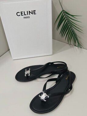 Celine Triomphe Black Leather Thong Flat Slingback Sandals Designer Shoes
